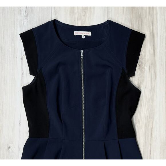 Rebecca Taylor Sheath Dress Size 6 Womens Cap Sleeve Zip Front Navy Blue Black - Picture 3 of 13